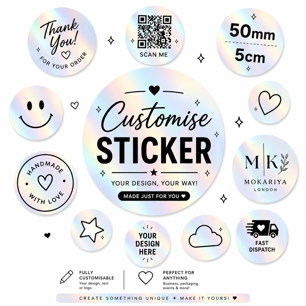 Custom Holographic Round Stickers 50mm – Personalised Logo, QR Code & Business Packaging Labels ⭐