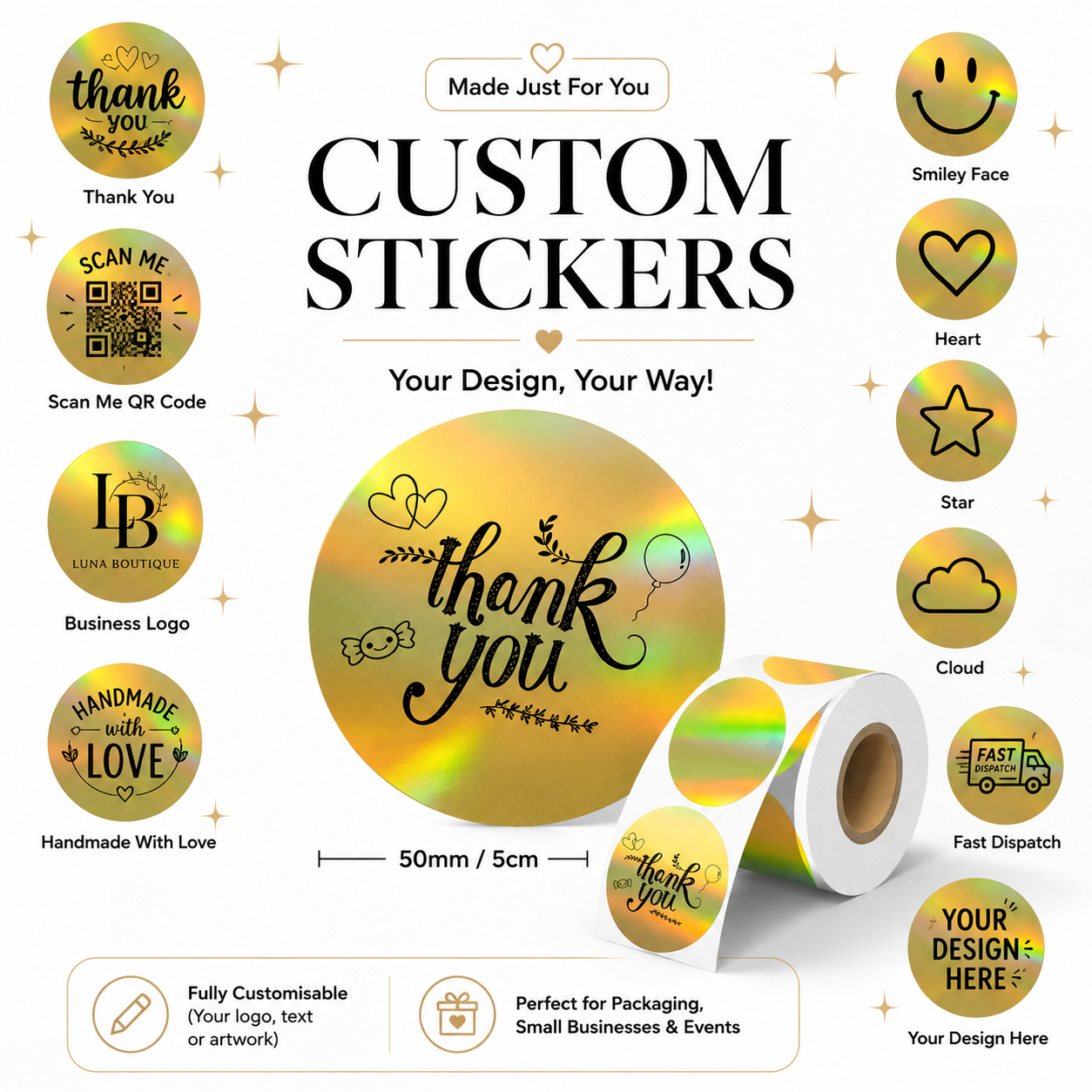 Custom Holographic Gold Stickers